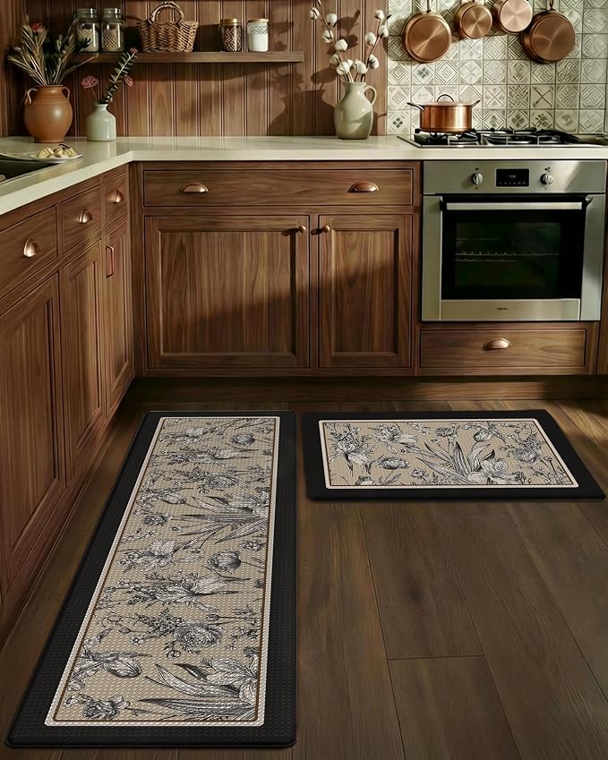LUMI Anti-Fatigue Kitchen Floor Mats Set of 2,Cushioned Comfort Standing Rug Waterproof 2PCS, Non-Slip Ergonomic Foam Runner for Sink, Laundry, Office & Home,17x29+17x59,