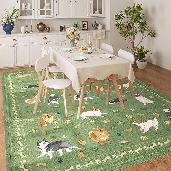 DUKINO 8x10 Area Rug, Non Slip Washable Animal Dog Rug for Living Room, Stain Resistant & Low Pile Indoor Floor Large Carpet for Bedroom, Farmhouse, Nursery, Dining Room, Kids Playroom, Green