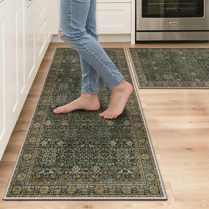 GENIMO Kitchen Rugs Non Slip Washable, 2PCS Kitchen Mats for Floor, Cushioned Standing Mat, Kitchen Runner Rug Floor Mat for Kitchen Decor, Laundry, Sink, Home, 20"x32"+20"x48", Dark Green/Multi