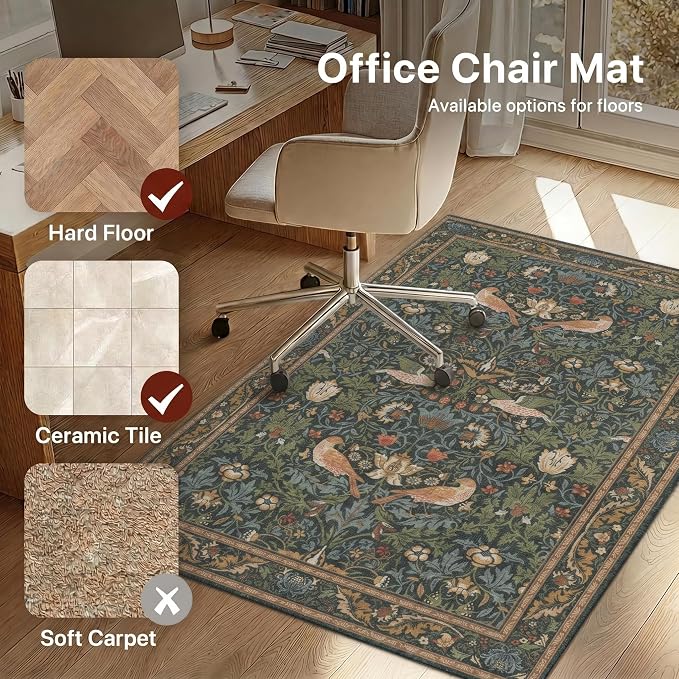 48"x72" Office Chair Mat for Hardwood Tile Floor, Under Desk Carpet Protector for Rolling Computer Chair Mat, Machine Washable Area Rug, Anti-Slip 1/5" Thick Low Pile Thin Vinyl Floor Mat, Deep Green