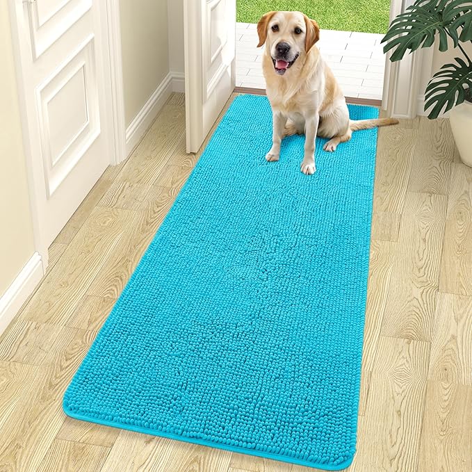 OLANLY Dog Door Mat for Muddy Paws 70x24, Absorbs Moisture and Dirt, Absorbent Non-Slip Washable Doormat, Quick Dry Chenille Mud Mat for Dogs, Entry Indoor Entryway Carpet for Inside Floor, Aqua Blue