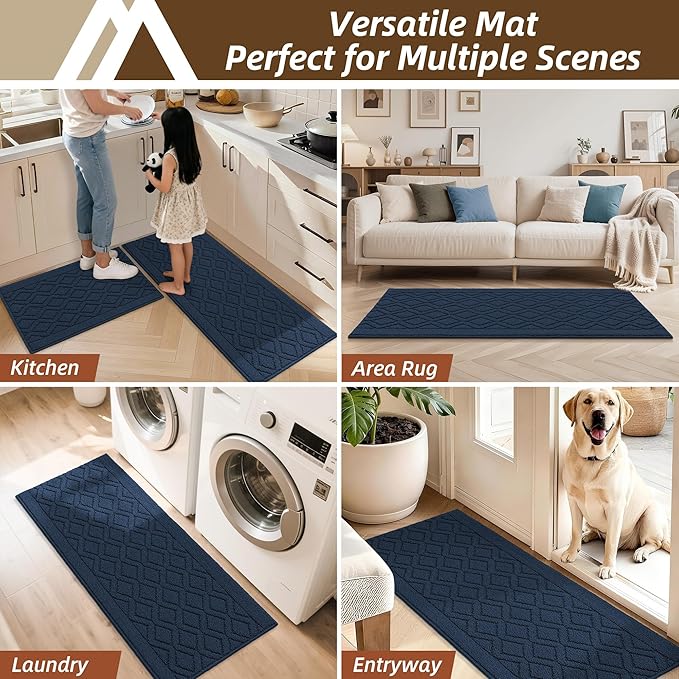 COSY HOMEER 60x24Inch/35X24Inch Kitchen Rugs Sets Non-Slip Washable Kitchen Mats for Floor Polypropylene Absorbent Kitchen Runner for Kitchen Sink Hallway Entryway(Navy Blue)