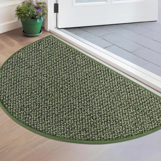 BEQHAUSE Dirt Trapper Door Mat 17" x 30" Half Circle Non Slip Washable Doormats Entrance Rugs Absorbent Welcome Low Profile Floor Mats for Front Back Door and Entryway, Green