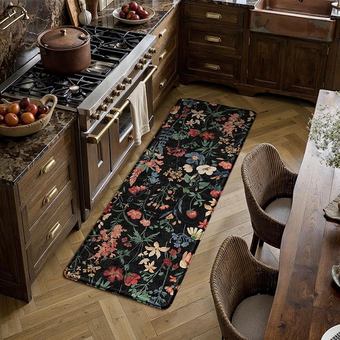 PureCozy Kitchen Mats 2PCS Anti Fatigue Cushioned Mat Non Slip Floral Boho Kitchen Mats for Floor Waterproof Comfort Standing Black Rug for Sink Laundry Office Desk 17.3"x47"+17.3"x30"