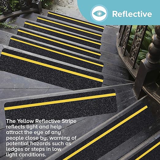 LifeGrip Anti Slip Traction Treads with Reflective Stripe (15-Pack), 6" X 28", Best Grip Tape Grit Non Slip, Outdoor Non Skid Tape, High Traction Friction Abrasive Adhesive for Stairs Step, Black