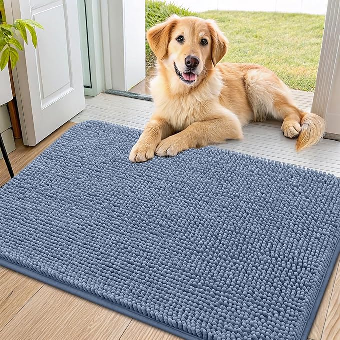 Smiry Dog Door Mat for Muddy Paws 36x24, Absorbent Dirt Trapper, Non-Slip Washable Chenille Entryway Rug for Inside Floor, Airy Blue, Classic Solid