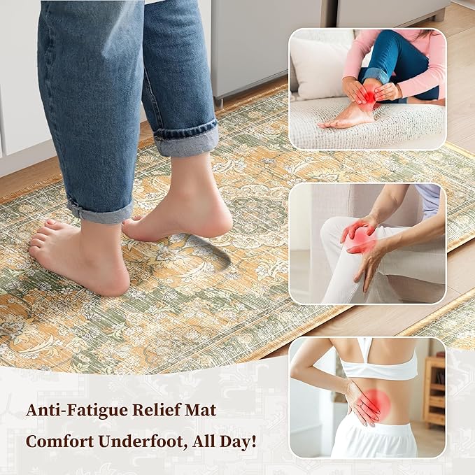 Boho Kitchen Mats for Floor 2 Piece Set Anti Fatigue Cushioned PVC Kitchen Rugs Non Slip Waterproof Farmhouse Mats 2/5 Inch Comfort Standing Mat for Sink, Laundry, 17.3"x59"+17.3"x28", Green Orange