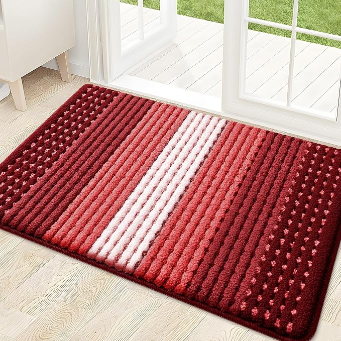 Kitinjoy Indoor Outdoor Door Mat, 32x20 Non-Slip Absorbent Dirt Trapper, Low-Profile Washable Inside Entrance Front Floor Mat, Sturdy Soft Entry Dotted Ombre Doormats for Entryway, Burgundy