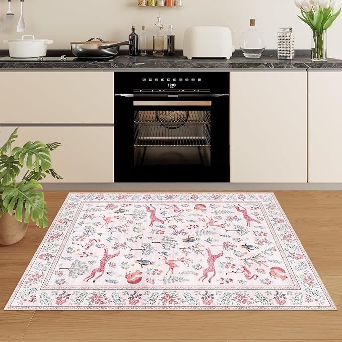 DUKINO 2x3 Rug, Washable Animal Rugs for Entryway, Non Slip Indoor Door Mat, Soft Low Pile Small Area Carpet for Entrance, Bedroom, Kitchen, Laundry, Bathroom, Pink