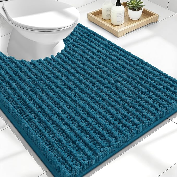 OLANLY Toilet Rugs U Shaped 24x20, Thick Soft and Absorbent Chenille Contour Bath Mat, Non-Slip Rubber Backing, Machine Washable Quick Dry Toilet Mat, Home Decor Accessories, Peacock Blue