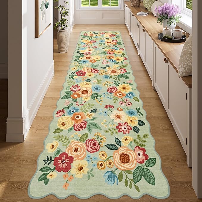 DUKINO Washable Runner Rug, 2x7 Lightweight Soft Floral Hallway Rug Runner with Low Pile Design, Non Shedding & Non Slip Backing Thin Indoor Carpet for Bedroom, Bathroom, Entrance, Kitchen, Green