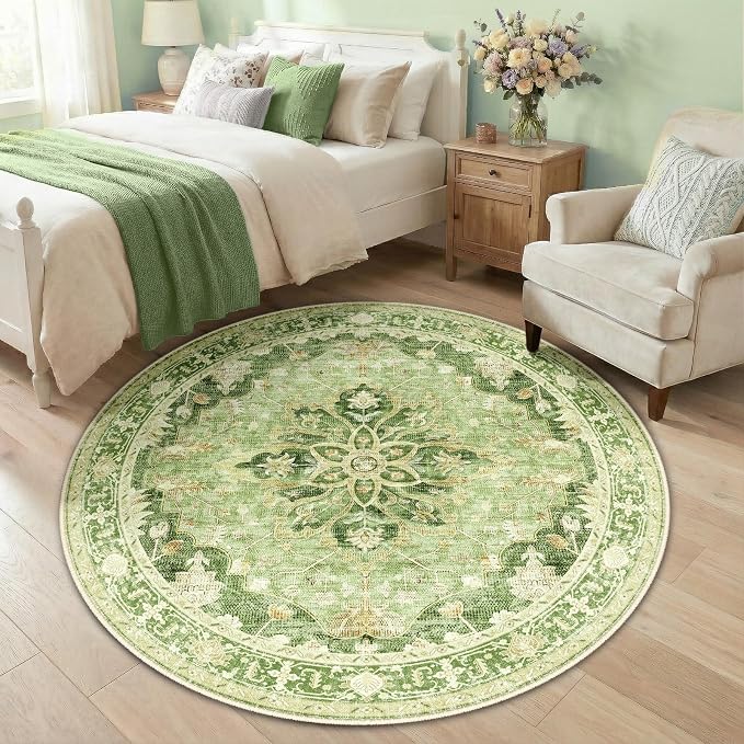 RELEANY Area Rugs Round 5ft Washable Non-Slip, Floral Vintage Distress Medallion Carpet for Living Room Bedroom Dining Room, Sage Green Yellow
