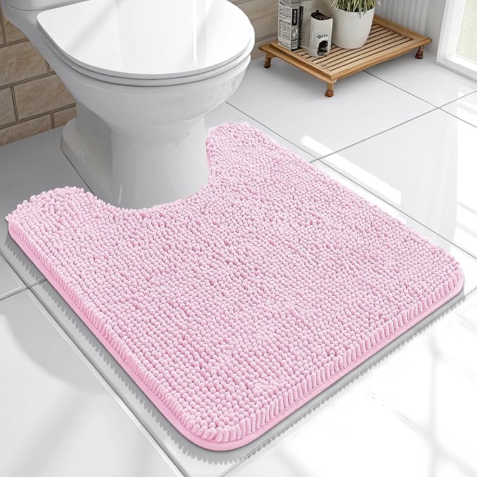 OLANLY Toilet Rugs U-Shaped 20x20, Extra Soft Absorbent Chenille Contour Bathroom Rugs for Toilet, Dry Quickly, Machine Washable, Non-Slip Bath Mat, Pink