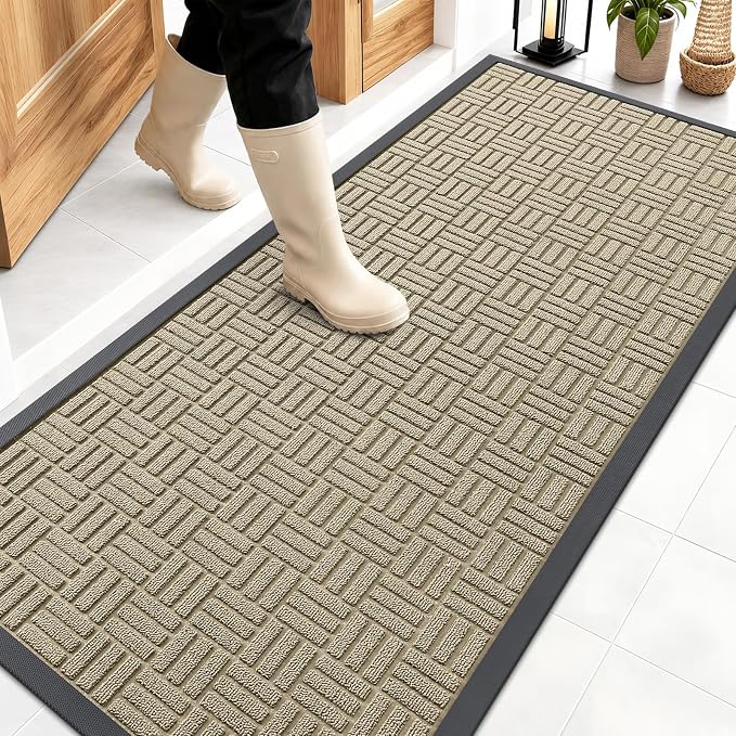 OLANLY Front Door Mat Outside Entrance 59x23, Absorbent, Heavy Duty Sturdy Natural Rubber Doormat Indoor Outdoor, Stain and Fade Resistant, Non-Slip Backing Low Profile Floor Mat for Entryway, Beige