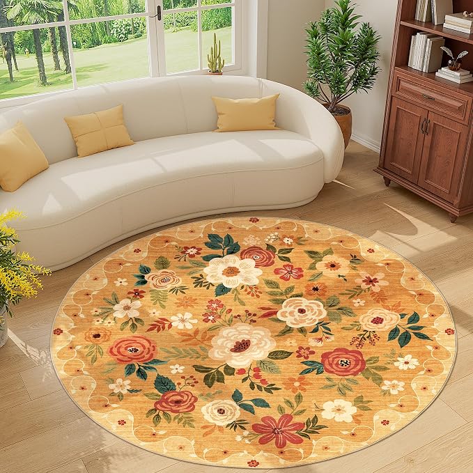 DUKINO Floral Round Rug, 6ft Washable Circle Rug, Non Slip Indoor Low Pile Circle Rug, Soft Small Boho Design Carpet for Bedroom, Entryway, Living Room, Dining Room, Orange