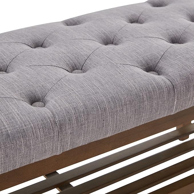 HUIMO Entryway Shoe Bench, End of Bed Bench,Upholstered Button-Tufted Bench for Kitchen, Fabric Ottoman Bench for Living Room, Padded Bench with Solid Wood Shelf,Grey