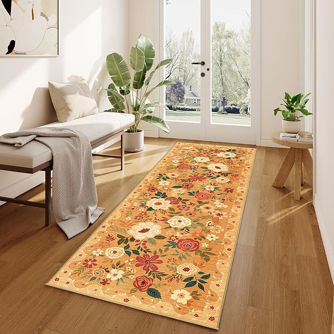 DUKINO Runner Rug, 2.6x8 Kitchen Rug for Hallway with Non Slip Backing, Washable Low Pile Soft Boho Floral Runner Carpet for Hallway, Kitchen, Entryway, Laundry, Bedroom, Orange