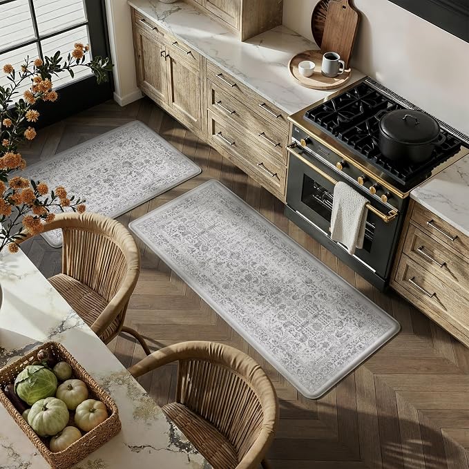 PureCozy Kitchen Mats 2PCS Anti Fatigue Cushioned Mat Black Vintage Kitchen Mats for Floor Waterproof Non Slip Comfort Standing Retro Floral Rug for Sink Laundry Office 17.3"x47"+17.3"x30"