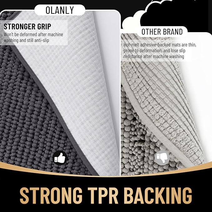 OLANLY Thick Bathroom Rugs 30x20, Extra Soft Absorbent Chenille Bath Rugs, Rubber Backing, Machine Wash Dry, Bath Mats for Bathroom Floor, Tub and Shower, Home Decor Accessories, Dark Grey