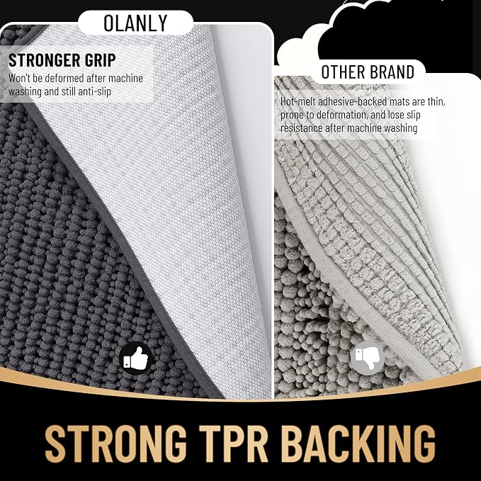OLANLY Thick Toilet Rugs U-Shaped 24x20, Extra Soft Absorbent Shaggy Chenille Contour Bathroom Rugs for Toilet, Dry Quickly, Machine Washable, Non-Slip Bath Mat, Dark Grey