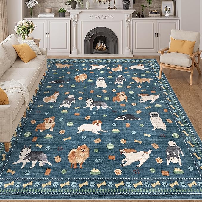 DUKINO 8x10 Area Rug, Non Slip Washable Animal Dog Rug for Living Room, Stain Resistant & Low Pile Indoor Floor Large Carpet for Bedroom, Farmhouse, Nursery, Dining Room, Kids Playroom, Blue
