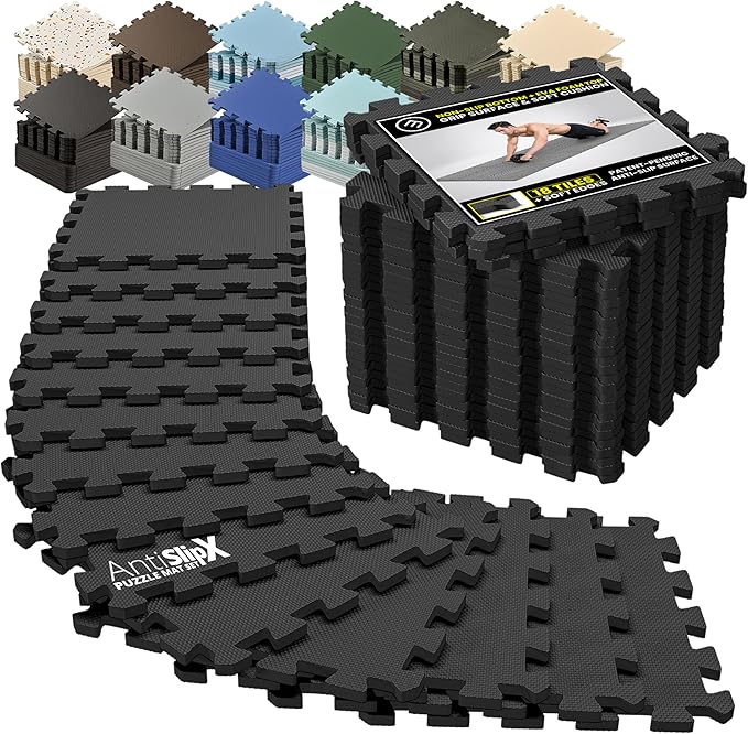 bemaxx Gym Mats Set - 18 pcs EVA Interlocking Foam Floor Tiles (12.6"x12.6"x0.4") 18sqft Protective Gym Flooring Sports Home Workout Exercise Mats Puzzle Garage Fitness Play-Room Pool Treadmill Bike