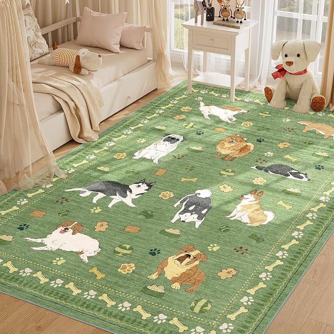 DUKINO 5x7 Rug for Living Room, Lightweight Animal Dog Print Washable Area Rug, Soft Non Slip & Low Pile Floor Mat, Stain Resistant Large Carpet for Bedroom, Nursery, Dining Room, Kids Playroom, Green
