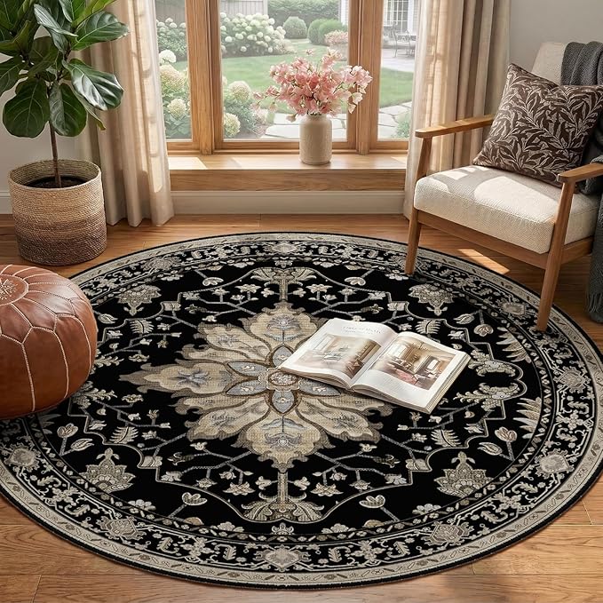 RELEANY Area Rugs Round 4ft Washable Non-Slip, Floral Vintage Distress Medallion Carpet for Living Room Bedroom Dining Room, Black Brown Neutral Dark Tan