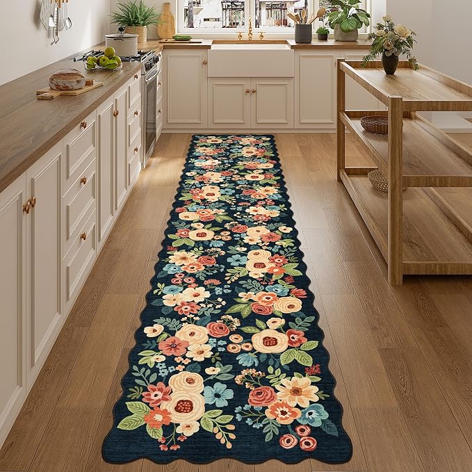 DUKINO 2.6x12 Runner Rug for Hallway, Non Slip Floral Washable Kitchen Rug with Low Pile Design, Boho Stain Resistant Floor Carpet Runner for Entryway, Bathroom, Laundry, Bedroom, Navy Blue