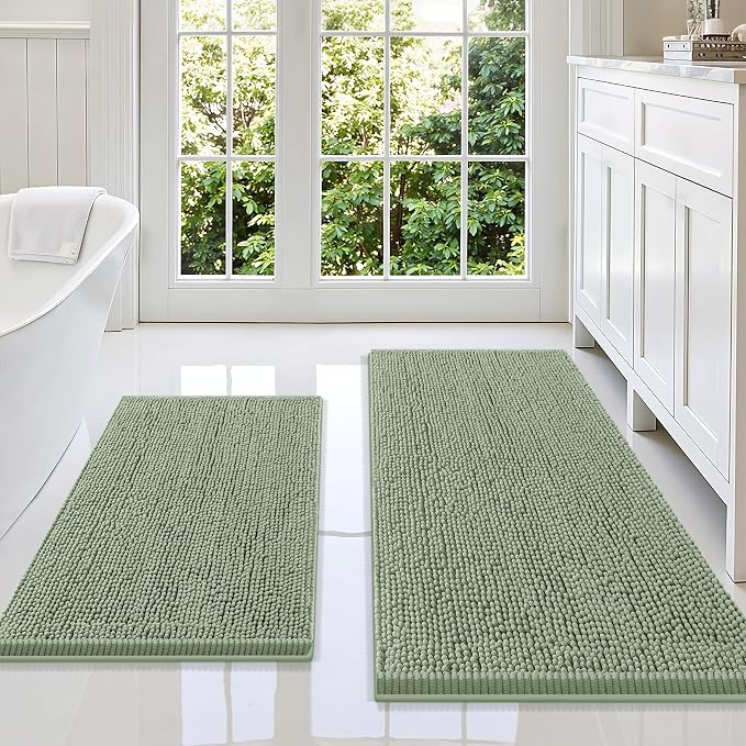 Smiry Bathroom Rugs Sets 2 Piece, Soft Absorbent Chenille Machine Washable Non Slip Shaggy Bath Rug Set for Tub, Shower, and Floor (47x20+30x20, Sage Green)