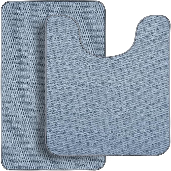 Bosap Bathroom Rugs Set 2 Pieces,Thin Bathroom Mats,Toilet Rugs,Quick Dry,Non-Slip,Machine Washable,Low Pile,Absorbent Bath Mats,Shower,Sink,Home Decor Accessories.Blue,1'5"x2'3"+1'8"x2" U Shape