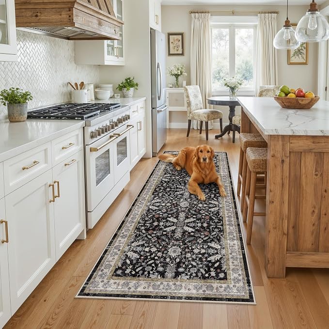 3x7 Washable Non-Slip Kitchen Runner Rug – Soft Low-Pile Stain-Resistant Carpet for Hallway Entryway Bedroom Laundry Room Bathroom – Boho Floral Wide Floor Runner with Rubber Backing (Black,3x7)
