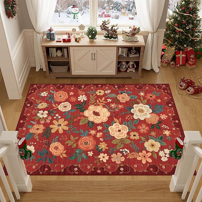 DUKINO 3x5 Area Rug, Floral Rugs for Living Room, Lightweight Non Slip Washable Rug, Indoor Low Pile & Non-Shedding Boho Design Rugs for Bedroom, Living Room, Dining Room, Red