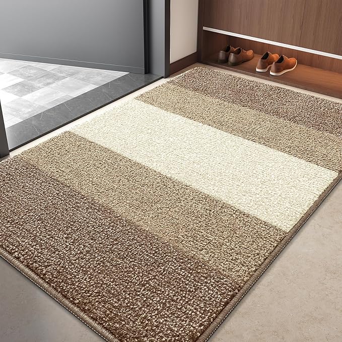Kitinjoy Indoor Outdoor Door Mat, 40x32 Non-Slip Absorbent Dirt Trapper, Low-Profile Washable Inside Entrance Front Floor Mat, Sturdy Soft Entry Doormats for Entryway, Khaki