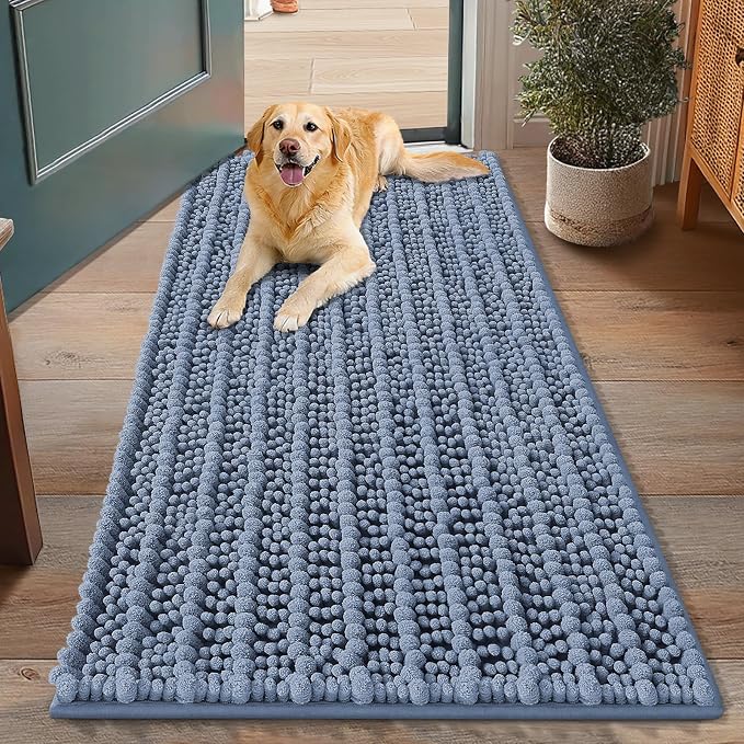Smiry Dog Door Mat for Muddy Paws 48x30, Absorbent Dirt Trapper, Non-Slip Washable Chenille Entryway Rug for Inside Floor, Airy Blue, Layered Pattern