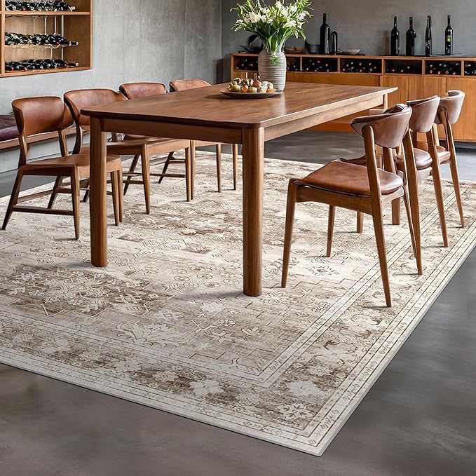Boho 7x9 Area Rug for Living Room - Washable Beige Dining Room Rug Under the Table, Low Pile Non-Slip Rugs for Bedroom, Office - Charming Geometric Decor & Stain Resistance (7x9 Beige/Latte)