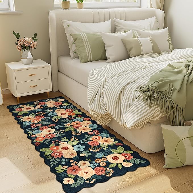 DUKINO 2x5 Washable Runner Rugs, Non Slip Floral Print Entryway Rug with Soft Low Pile, Lightweight Mat for Living Room, Bathroom, Bedroom, Kitchen, Navy Blue