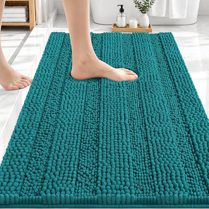 OLANLY Thick Bathroom Rugs 30x20, Extra Soft Absorbent Chenille Striped Bath Rugs, Rubber Backing, Machine Wash Dry, Bath Mats for Bathroom Floor, Tub and Shower, Home Decor Accessories, Deep Lake