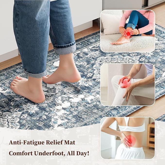 Boho Kitchen Mats for Floor 2 Piece Set Anti Fatigue Cushioned PVC Kitchen Rugs Non Slip Waterproof Farmhouse Mats 2/5 Inch Comfort Standing Mat for Sink, Laundry, 23.6"x39"+23.6"x59",D5