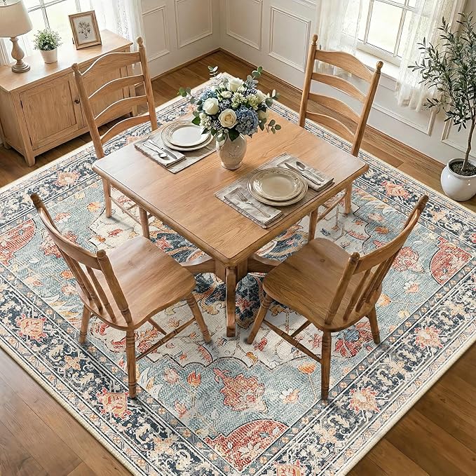 RELEANY Area Rugs Square 8ft Washable Non-Slip, Floral Vintage Distress Medallion Carpet for Living Room Bedroom Dining Room, Beige Navy Blue Orange Colorful