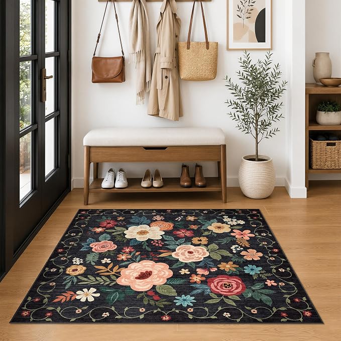 DUKINO 4x4 Square Area Rug, Floral Indoor Floor Washable Entryway Rug with Low Pile Design, Boho Non Slip Thin Doormat Carpet for Kitchen, Bedroom, Living Room, Office, Kids Playroom, Black