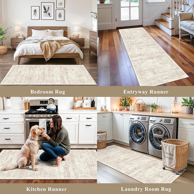2x6 Runner Rug Hallway Washable, Non Slip with Rubber Backing Carpet for Kitchen Bathroom Neutral Moroccan Vintage Oriental Distressed Area Rugs for Bedroom Laundry Room Entry Entryway, Cream/Beige
