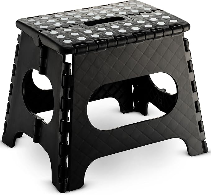 Folding Step Stool - 11" Hight - The Lightweight Step Stool is Sturdy Enough to Support Adults and Safe Enough for Kids. Opens Easy with One Flip. Great for Kitchen, Bathroom, Bedroom (Black)