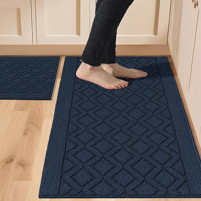 COSY HOMEER 48x20Inch/30X20Inch Kitchen Rugs Sets Non-Slip Washable Kitchen Mats for Floor Polypropylene Absorbent Kitchen Runner for Kitchen Sink Hallway Entryway,Navy Blue