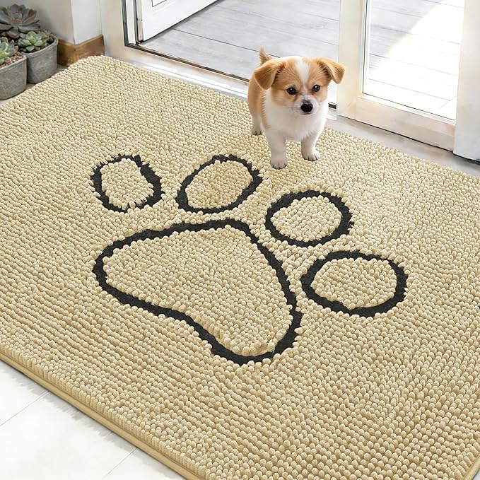 OLANLY Dog Door Mat for Muddy Paws 48x30, Paw Print Design, Absorbs Moisture and Dirt, Absorbent Non-Slip Washable Doormat, Quick Dry Chenille Mud Mat for Dogs, Entry Indoor Entryway Carpet, Sand
