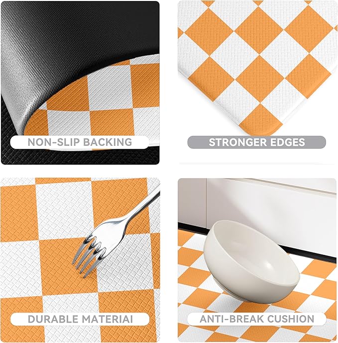 White Orange Checkered Grid Checkerboard Kitchen Rug Sets [2 PCs], Anti-Fatigue, Waterproof Non-Slip Kitchen Mats Heavy Duty Comfort Foam Rug for Kitchen, Floor, Laundry,17"x29"+17"x47"