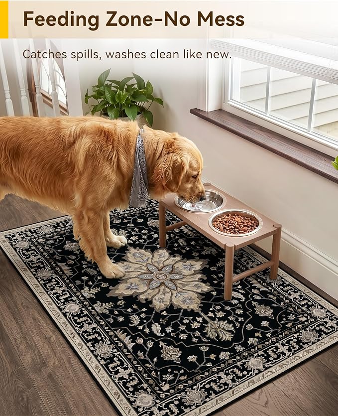 RELEANY Area Rugs Small 2'x3' Washable Non-Slip, Floral Vintage Distress Medallion Carpet for Kitchen Entryway Bathroom, Black Brown Neutral Dark Tan