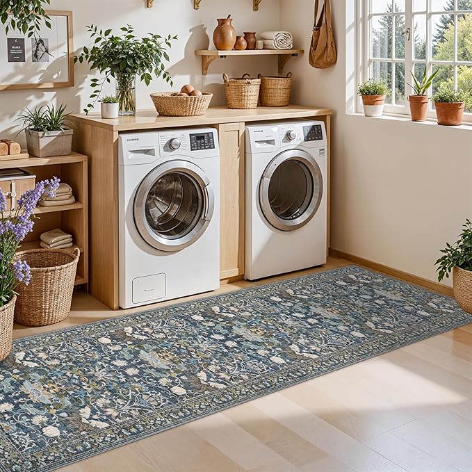 Washable 2x8 Hallway Runner Rug: Vintage Water-Resistant Kitchen Entryway Rug Ultra Soft Living Room Bedroom Carpet Non Slip Indoor Low Pile Floor Mat for Bathroom Dining Room(2x8,Floral/Blue)