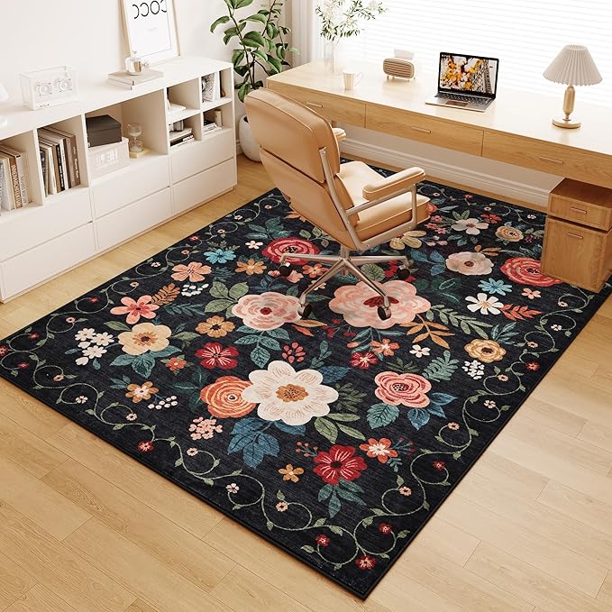 DUKINO 6x9 Area Rug, Floral Rugs for Living Room, Lightweight Non Slip Washable Indoor Low Pile & Non-Shedding Boho Design Carpet for Bedroom, Living Room, Dining Room, Black