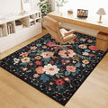 DUKINO 4x6 Feet Office Chair Mat, Lightweight Non Slip Washable Floral Area Rug, Indoor Low Pile & Non-Shedding Boho Design Rugs for Bedroom, Living Room, Dining Room, Black